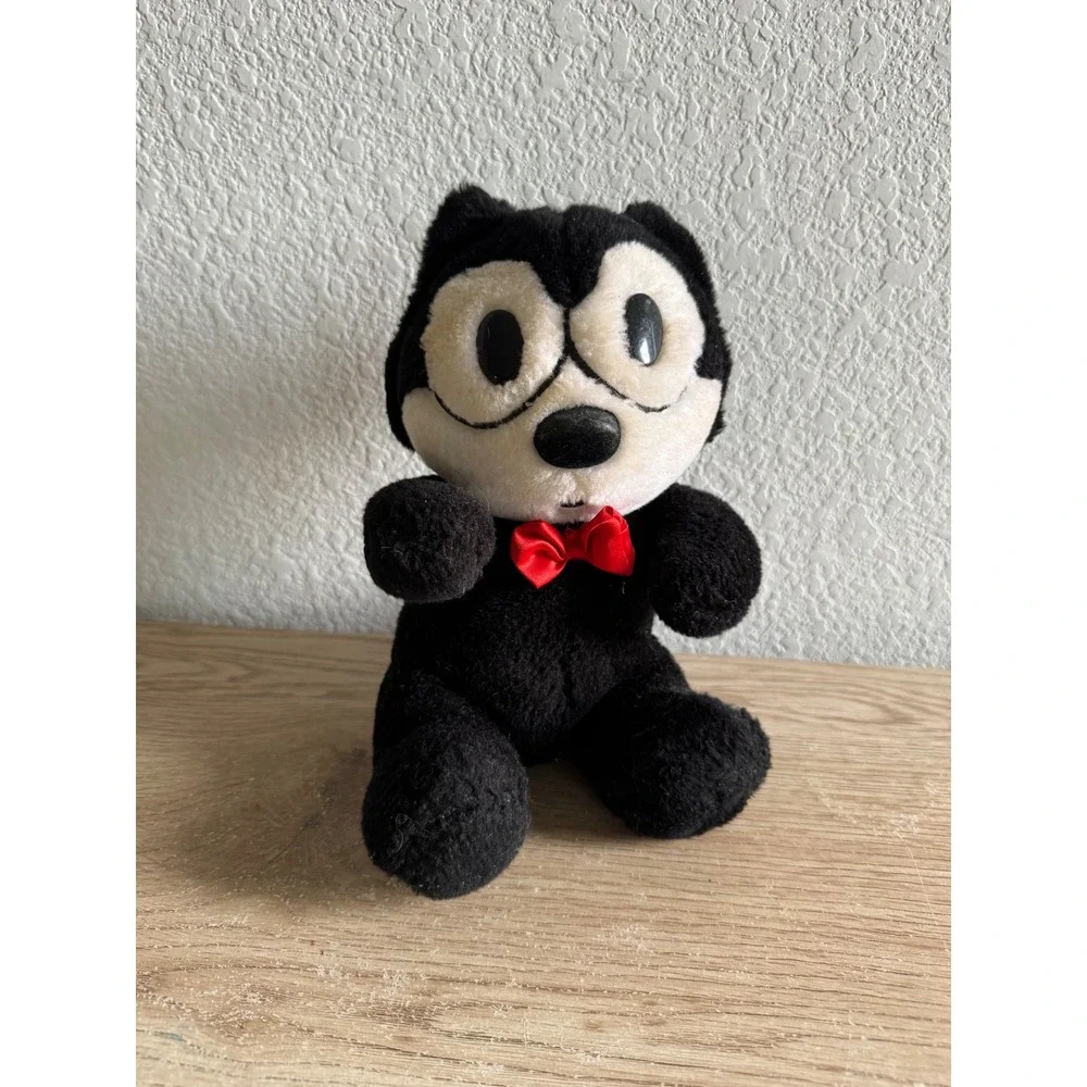 Felix the Cat Plush Stuffed Animal A&A Amusement Red Bow Vintage 7 inch Stained